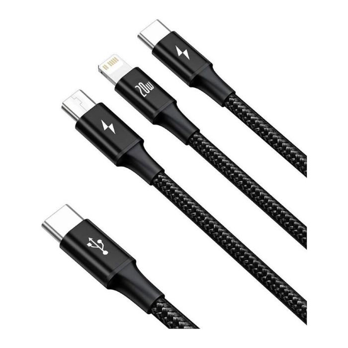 Baseus Rapid Series Cable USB Tipo-C 3 en 1 PD 20W, 1.5m, USB A, USB-C/Micro USB/Lightning, 480 Mbps, Negro