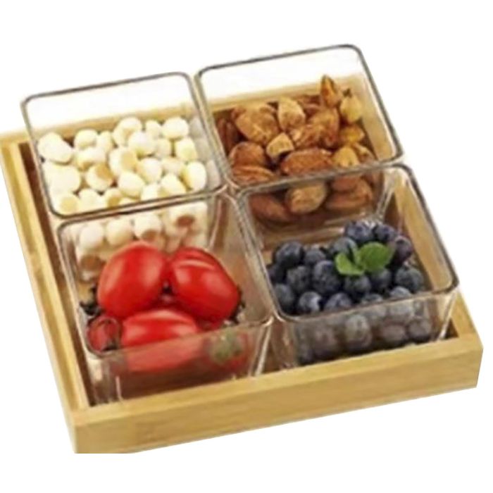 DKD Home Decor Tabla de Aperitivos Básicos Set de 5 Piezas Bambú y Cristal Natural 21x21x6 cm con Cuencos de 280ml 1