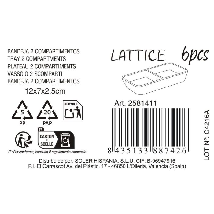 Bandeja 2 compartimentos 12x7x2.5 cm Lat - Inde (36 Unidades) 1 Bandeja 2 compartimentos 12x7x2.5 cm Lat - Inde (36 Unidades) 1