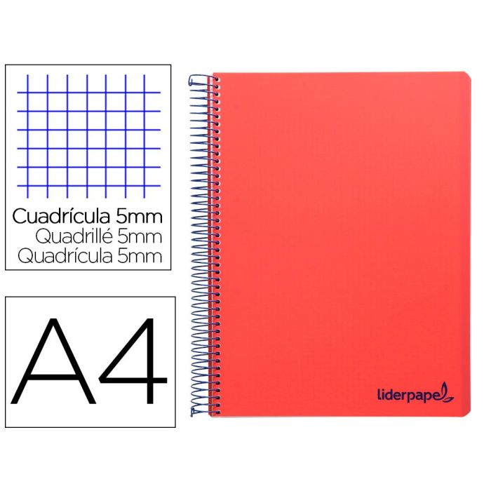 Cuaderno Espiral Liderpapel A4 Micro Wonder Tapa Plastico 120H 90 gr Cuadro 5 mm 5 Bandas 4 Taladros Color Rojo