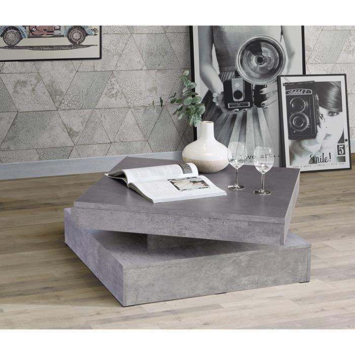 Mesa de centro cuadrada giratoria - Tablero de partículas - Decoración de hormigón gris claro - Clásica - L 78 x P 78 x H 35,4 cm - CAFÉ 1 Mesa de centro cuadrada giratoria - Tablero de partículas - Decoración de hormigón gris claro - Clásica - L 78 x P 78 x H 35,4 cm - CAFÉ 1