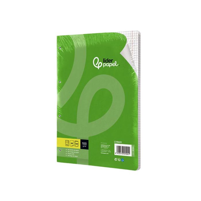 Recambio Liderpapel A4 100 Hojas 100 gr-M2 Cuadro 5 mm Con Doble Margen 4 Taladros 2