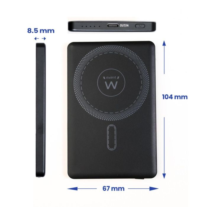 Ewent EW1160 - Batería Externa Power Bank 5000mAh MagSafe PD 22.5W QC USB-C UltraSlim Polímero de Litio Negro 2