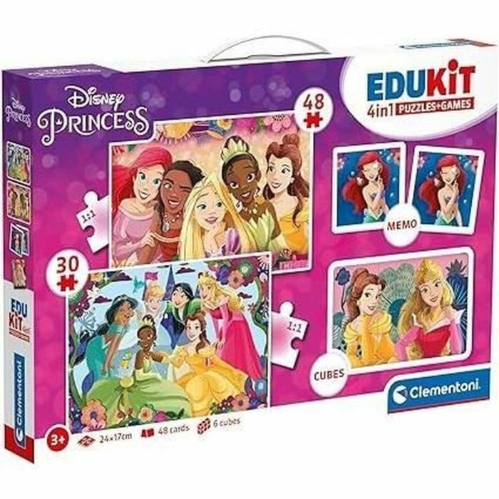 Clementoni - Edukit - Princesas Disney - Caja de aprendizaje 4 en 1 - 2 rompecabezas, 1 nota, 1 juego de 6 cubos - Made in Italy