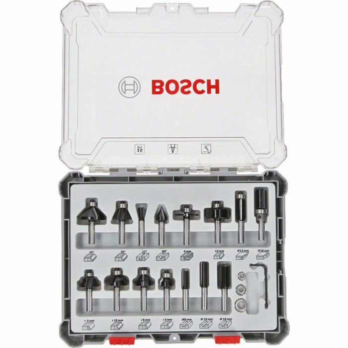 Bosch 2 607 017 471 Juego de Fresas Mixtas 6mm Vástago – 15 Piezas con Diámetros Variados y Estuche de Transporte 1