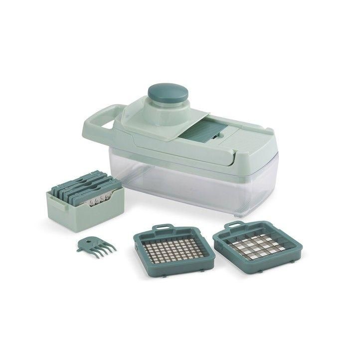 Livoo MEN435 Mandolina multifunción de cocina, 8 cuchillas de acero inoxidable, bandeja recolectora de 1,5 L para corte seguro