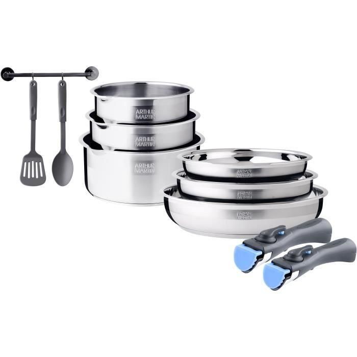 Batería de cocina de inducción - Arthur Martin - AM2238 - Acero inoxidable - 10 piezas - Mango extraíble - Todas las placas de cocina, incluida inducción Batería de cocina de inducción - Arthur Martin - AM2238 - Acero inoxidable - 10 piezas - Mango extraíble - Todas las placas de cocina, incluida inducción