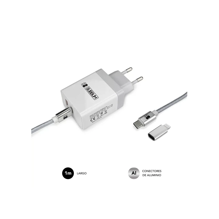 SUBBLIM CARGADOR ULTRA RAPIDO 2xUSB DE PARED PD25W+QC3.0+Cable C to C y lightning Blanco 3