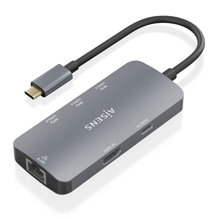 AISENS - USB-C DOCK 6 EN 1, USB-C A 1xHDMI, 1xRJ45, 3xUSB-A, 1xUSB-C PD, GRIS, 15CM