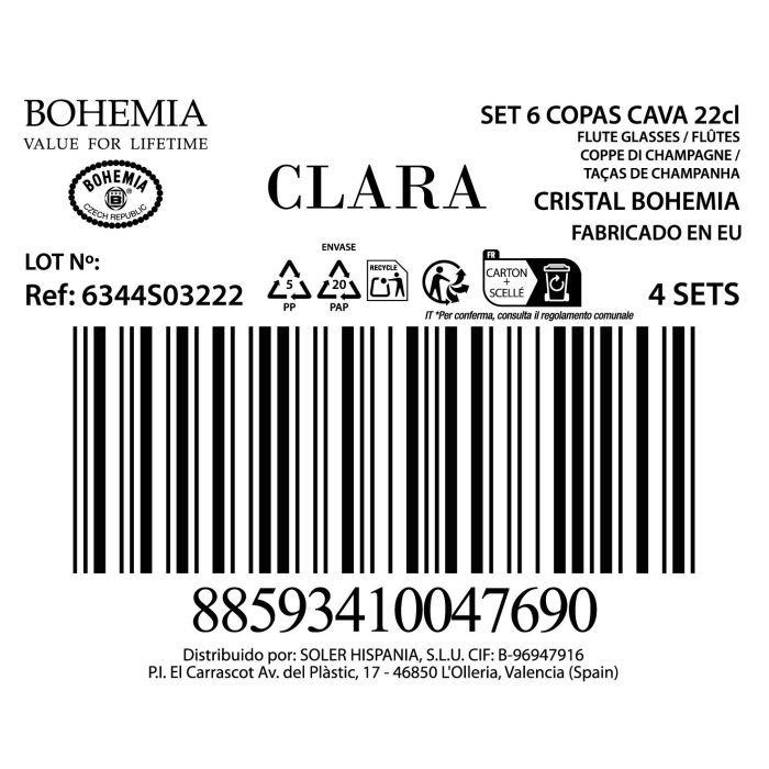 Bohemia Set 6 Copas Champagne 220cc Colección Clara (4 Cajas)