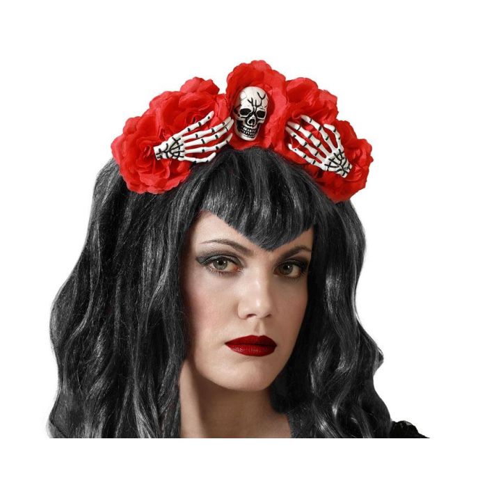 Diadema de Halloween para Mujer con Calavera, Manos de Esqueleto y Flores Rojas Intensas - Ideal Disfraz Muerte Mexicana, Bruja o Novia Macabra