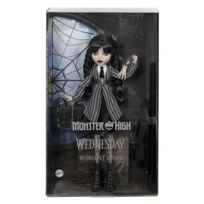Monster High Muñeca Miércoles Addams en Uniforme con Cosa HXJ04 1