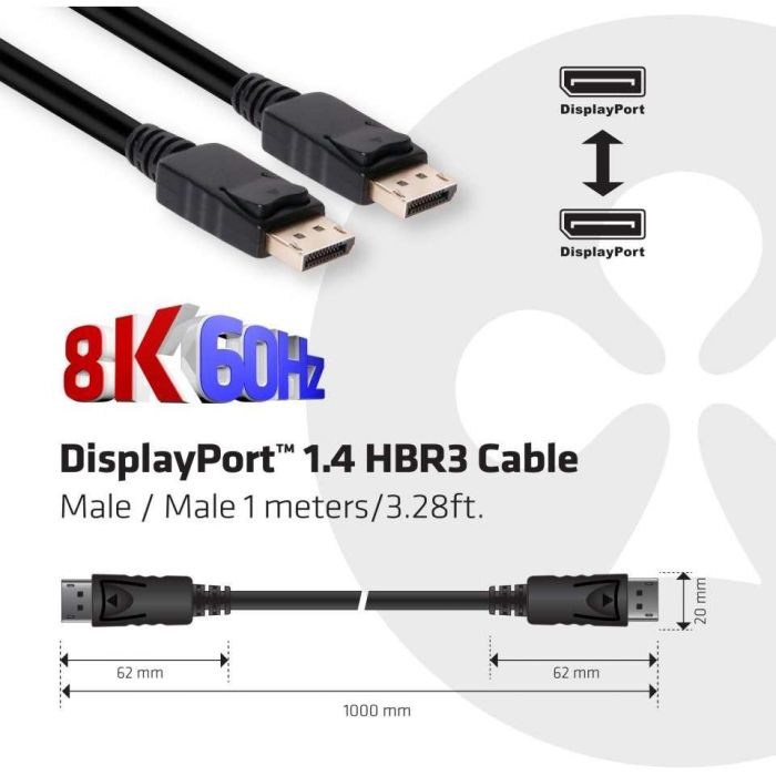 Club3D Cable DisplayPort 1.4 HBR3 1m Macho/Macho, 8K@60Hz, 32.4Gb/s, Conectores Retención, Negro 3