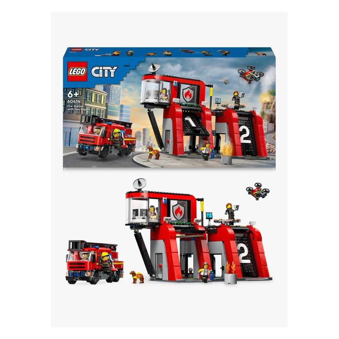 LEGO 60414 Estación de Bomberos y Camión de Bomberos, Figura de Perro de Juguete y 5 Minifiguras, Regalo Infantil