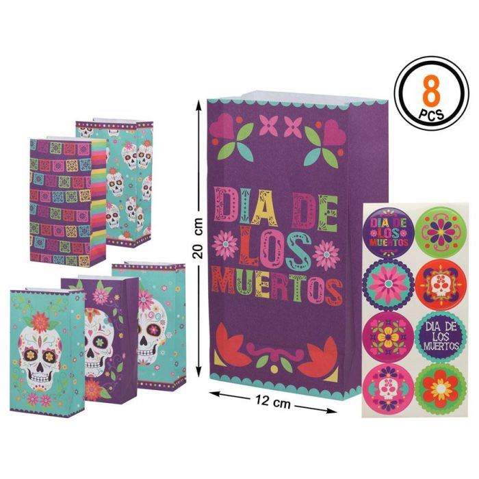 Pack 8 Unidades Bolsa De Papel 24x13x8 cm Halloween Dia De Los Muertos