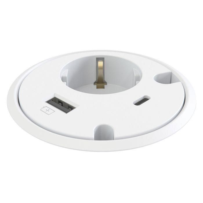 Forming Function Powerdot - 1 Toma de Corriente, Cargador USB-A y USB-C, 2 Pasacables, Blanco - Para Escritorios Limpios y Versátiles