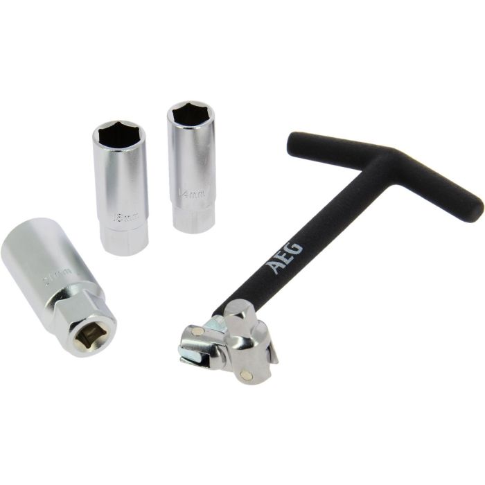 Llave para bujías articulada con doble rótula y manguitos surtidos de 16 mm, 18 mm y 21 mm. Mango en T antideslizante de acero inoxidable. 5 Llave para bujías articulada con doble rótula y manguitos surtidos de 16 mm, 18 mm y 21 mm. Mango en T antideslizante de acero inoxidable. 5