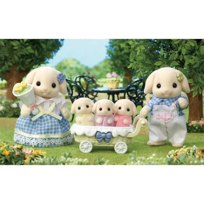Sylvanian Families Familia Conejo Flor 5735 Incluye 2 Figuras Adulto 3 Trillizos y Carrito 5