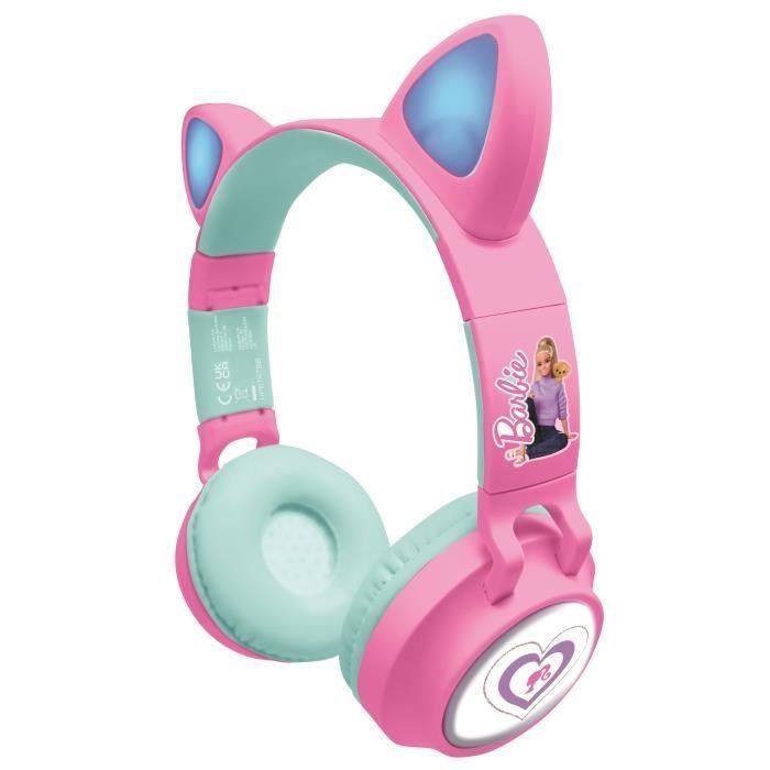 Barbie Auriculares inalámbricos 2-en-1 con orejas de gato y luz LED, Bluetooth 5.0, micrófono, recargables con cable extraíble para niños