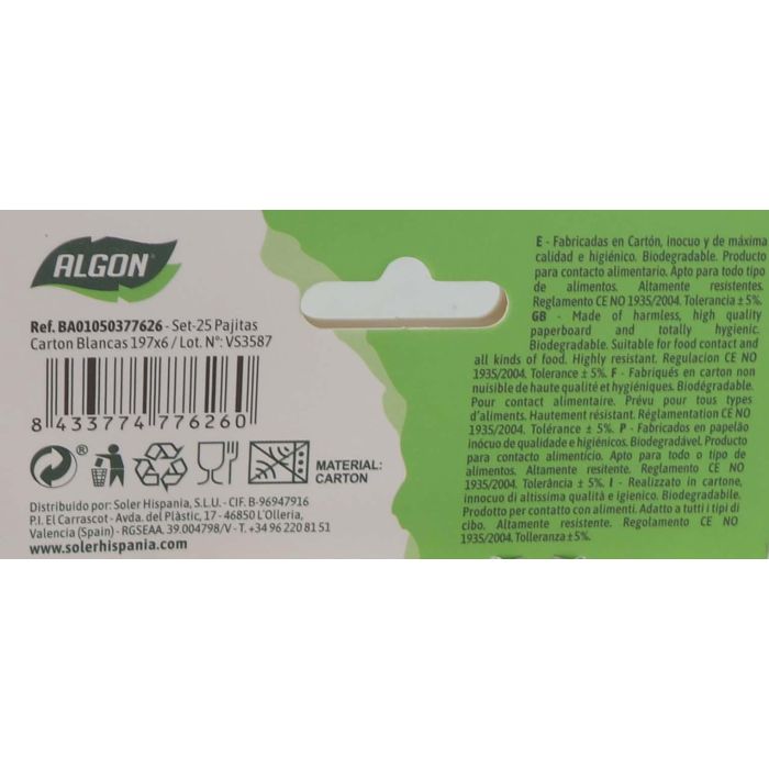 Pajitas de cartón blancas Algon - Pack de 25 unidades (24 Cajas) 4 Pajitas de cartón blancas Algon - Pack de 25 unidades (24 Cajas) 4