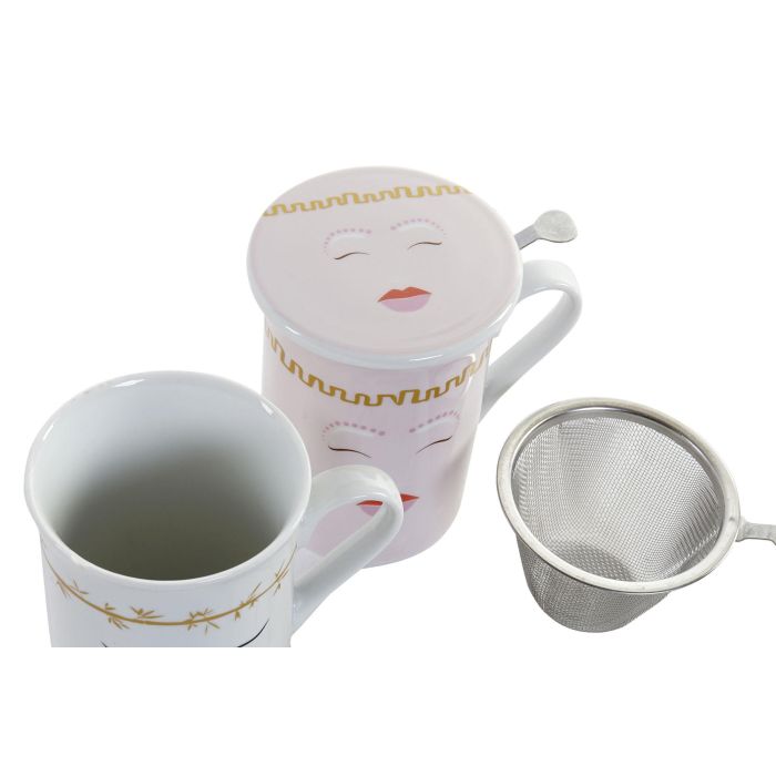 DKD Home Decor Mug para Infusiones Scandi Colección Faces Porcelana Inox 280ml Rosa y Blanco Apto Microondas Lavavajillas - Pack 12 Unidades 2