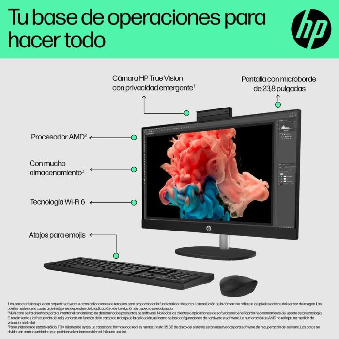 HP Ordenador All In One 24-cr0110Ns AMD Ryzen 5 7520U 16GB LPDDR5 1TB SSD 23.8" FHD IPS Antirreflectante Todo en Uno 9