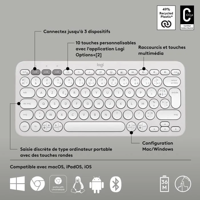 Logitech Pebble Keys 2 M380s Teclado Inalámbrico Bluetooth Botón Easy-Switch Blanco (920-011804) 5 Logitech Pebble Keys 2 M380s Teclado Inalámbrico Bluetooth Botón Easy-Switch Blanco (920-011804) 5