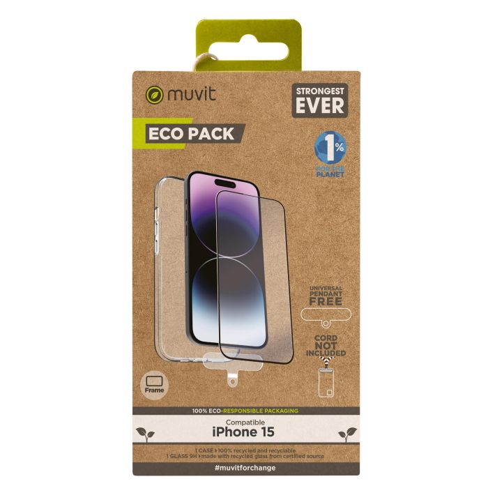 Muvit Funda para iPhone 15 + Protector de Cristal - Material Reciclado y Reciclable, Pack Eco Responsable 0 Muvit Funda para iPhone 15 + Protector de Cristal - Material Reciclado y Reciclable, Pack Eco Responsable 0