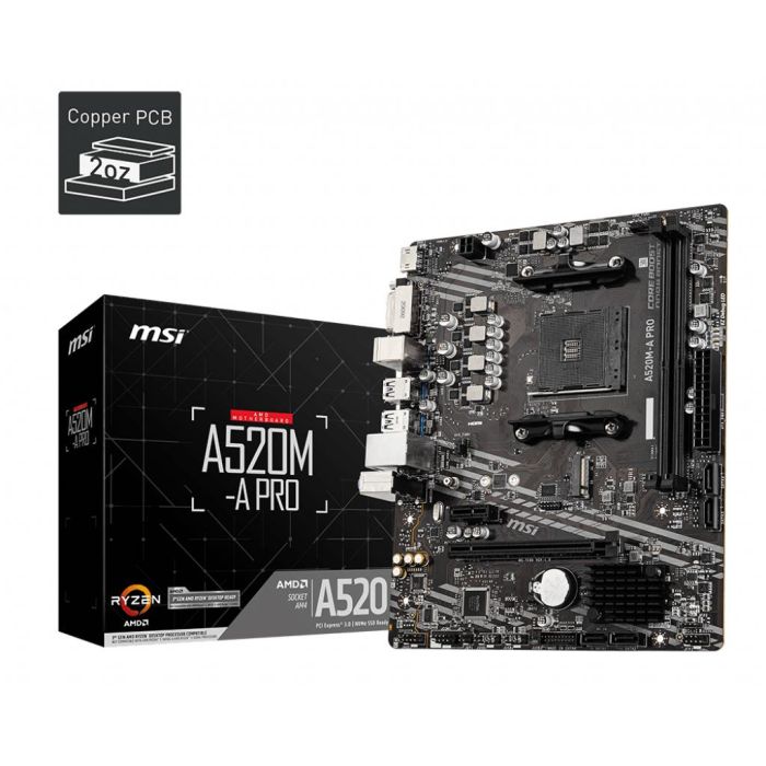 MSI Placa Base AM4 A520M-A Pro, Micro ATX, Socket AM4, Chipset AMD A520, DDR4, HDMI, DVI-D, USB 3.2 Gen1, M.2, Compatible con AMD Ryzen