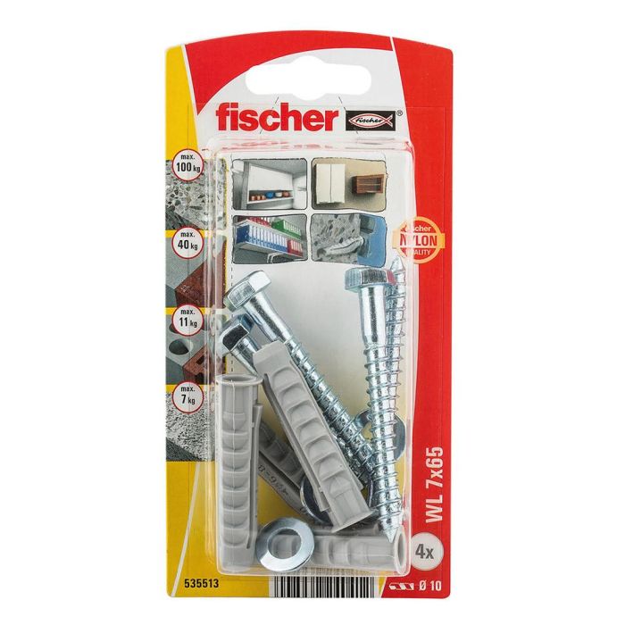 Fischer wl sw12 Kit de Tacos y Tornillos para Fijación, Ø7x60mm (tacos) y Ø7x65mm (tornillos), Blíster 4 Unidades, Uso Exterior. 1 Fischer wl sw12 Kit de Tacos y Tornillos para Fijación, Ø7x60mm (tacos) y Ø7x65mm (tornillos), Blíster 4 Unidades, Uso Exterior. 1