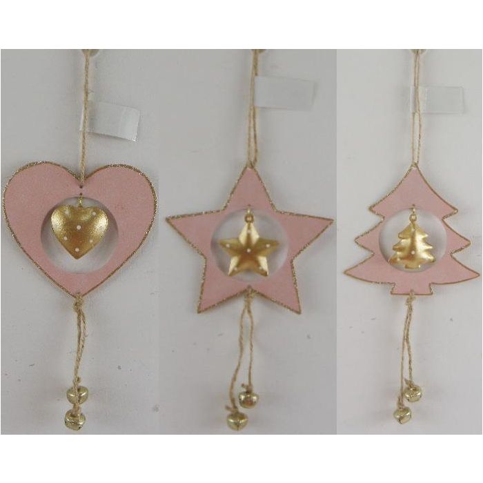 DKD Home Decor Decoración Colgante Navidad Fantasía Rosa Palo Dorado Metal 1x32x11 cm 12 Unidades Surtido Aleatorio