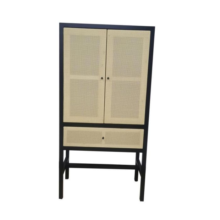 DKD Home Decor Armario de Ratan y Madera de Abeto Balines Negro Natural, con 2 Puertas, 1 Cajón y 1 Estante, 80x38x160 cm