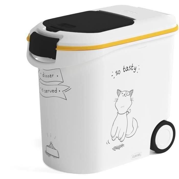 Curver Contenedor de alimentos El Diner se sirve para gatos, 12 kg, 35 L, con sello hermético y doble apertura, blanco y negro Curver Contenedor de alimentos El Diner se sirve para gatos, 12 kg, 35 L, con sello hermético y doble apertura, blanco y negro