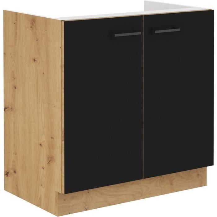 Mueble bajo fregadero - MODENA - 80 cm - 2 puertas batientes - Roble artesanal y negro mate - CUISINIER