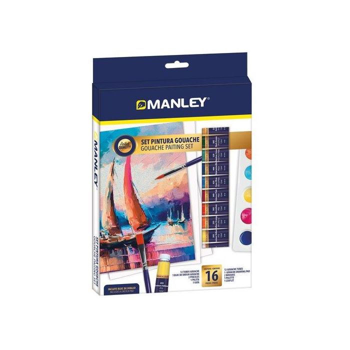 Manley Pintura Gouache Set 16 Piezas - 12 Tubos, 2 Pinceles, Paleta, Bloc y Guía
