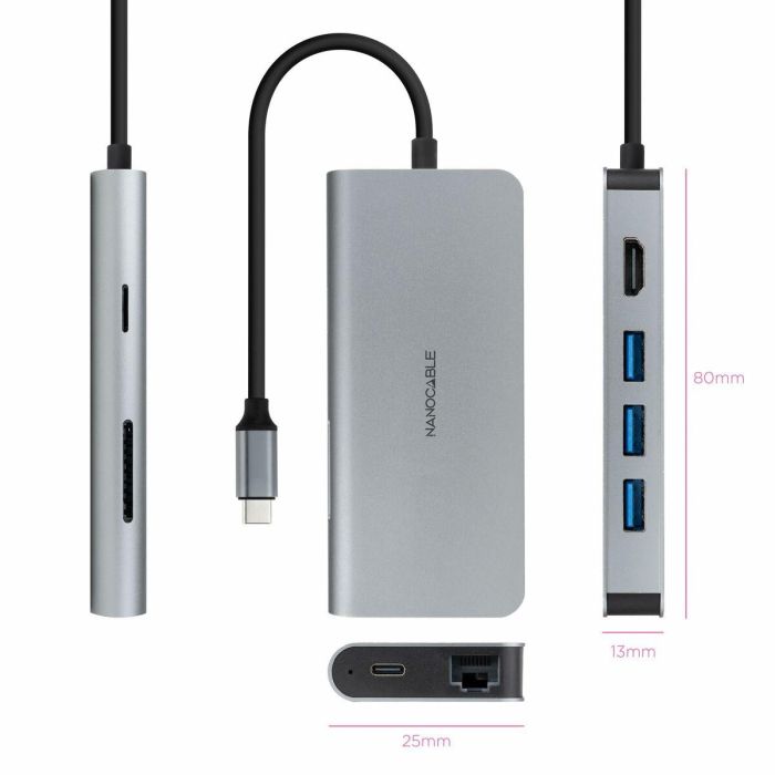 Hub USB NANOCABLE Hub 8en1 Gris 18 cm 5