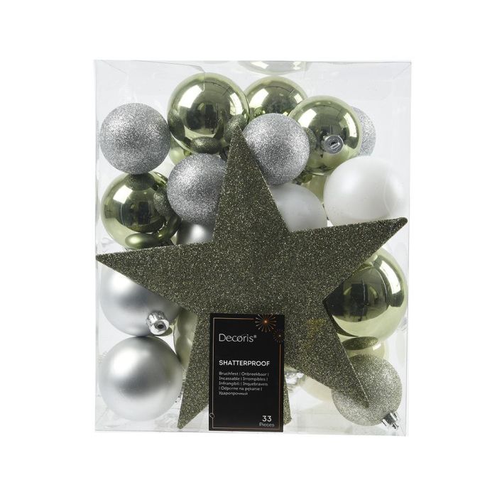 Decoris Juego de 33 adornos de navidad - Estrella, bolas y carambanos en dorado, plata y blanco