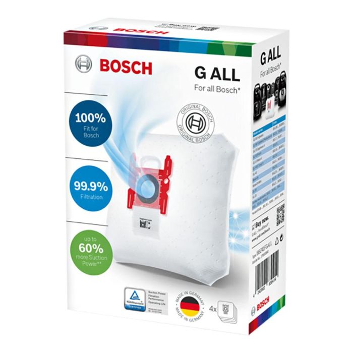 Bosch Bolsa de recambio para aspirador, compatible con Bosch, Siemens, Ufesa, tipo G, Super E, S, XS, XXS, M, XL, blanco con enganche plástico rojo, 31x28cm