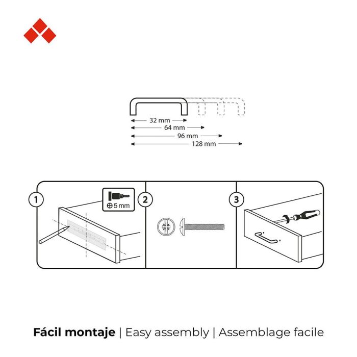 Blister con 4 tiradores de mueble tipo asa fabricado en zamak acabado níquel satinado mod. 153 entrepuntos 96mm rei 1