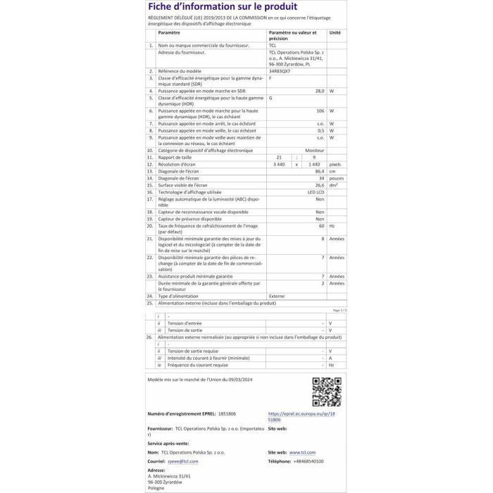 Monitor TCL 34R83Q LCD 37" 36