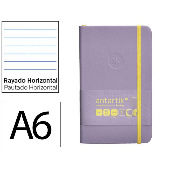 Cuaderno Con Gomilla Antartik Notes Tapa Dura A6 Hojas Rayas Morado Y Amarillo 100 Hojas 80 gr Fsc