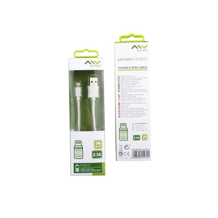Myway Cable USB-Lightning MWUSC0021 Carga 2.4A Sincronización Datos 1 Metro Blanco hasta 12W 480Mbps 1 Myway Cable USB-Lightning MWUSC0021 Carga 2.4A Sincronización Datos 1 Metro Blanco hasta 12W 480Mbps 1