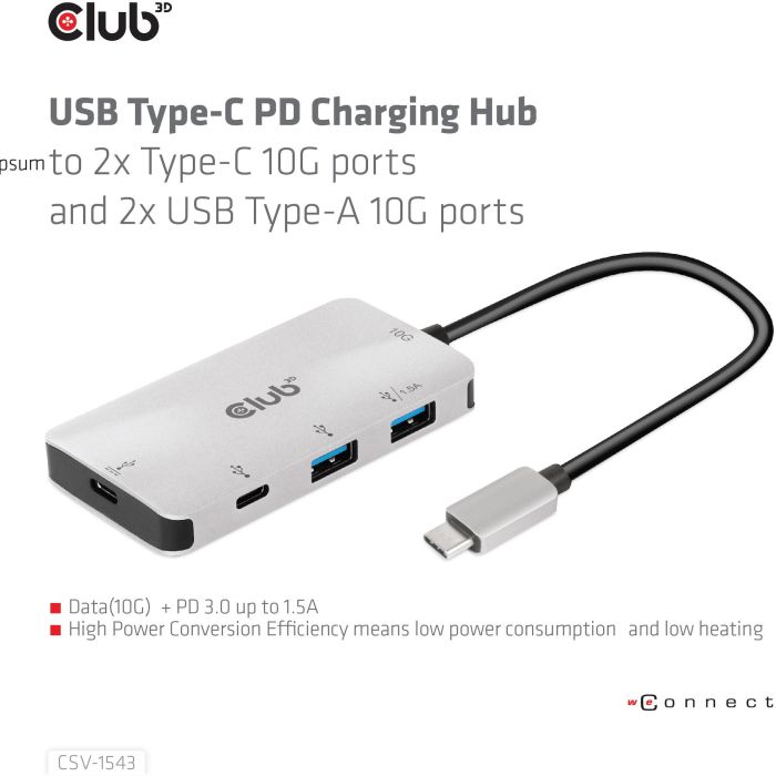 Club3D Adaptador USB 3.1 Tipo C a 2x USB-C + 2x USB-A Hub de Carga 3 Club3D Adaptador USB 3.1 Tipo C a 2x USB-C + 2x USB-A Hub de Carga 3