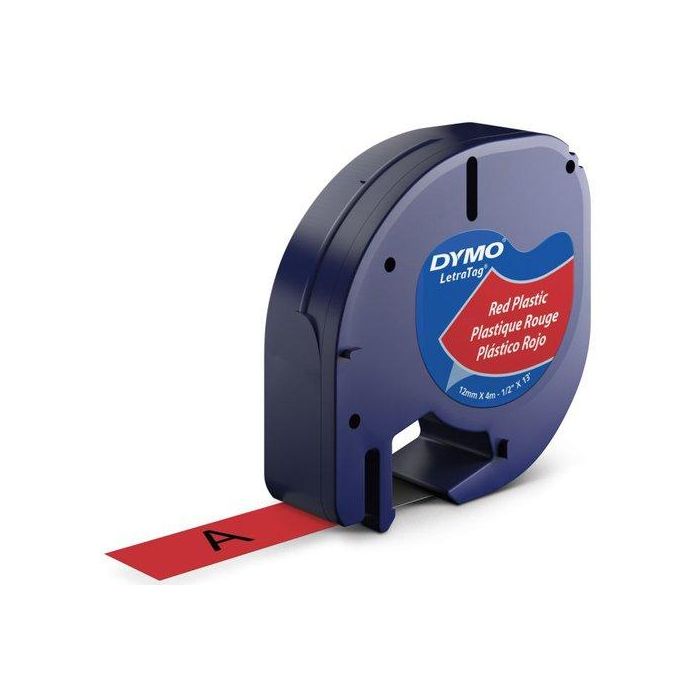 Dymo 91203 Cinta Negro Sobre Rojo, 12 mmx4M, Plástico para Rotuladora Letratag