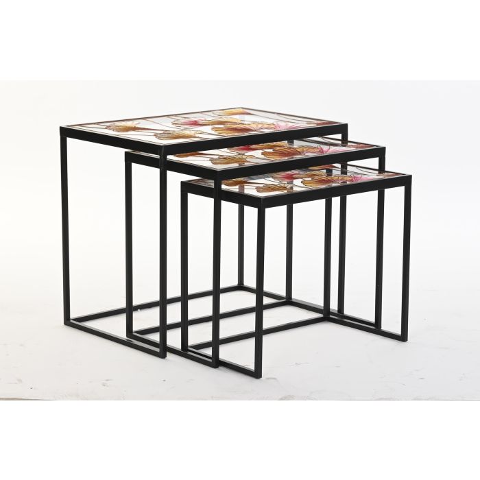 DKD Home Decor Mesita Auxiliar Tropical Set de 3 con Hojas, de Metal y Cristal, Amarillo Negro, 40x60x50cm 3