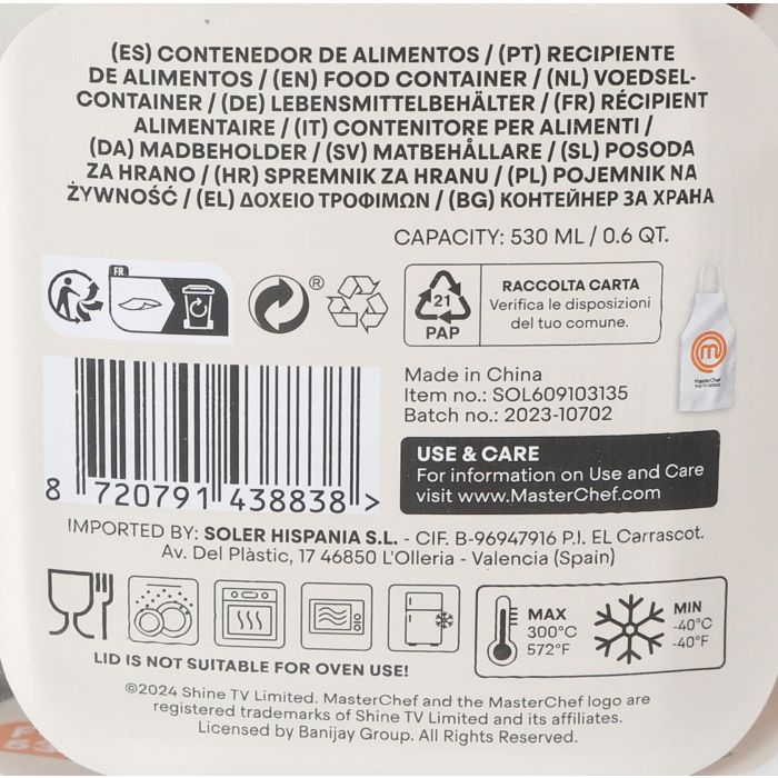 Inde Fiambrera Hermética Cuadrada 530 ml Masterchef - 13.7 x 6.3 x 13.7 cm (12 Unidades) 2