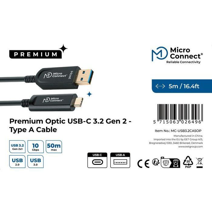 MicroConnect Cable USB-C a USB-A 3.2 Gen 2 de Fibra Óptica Premium, 10Gbps, 5m 2 MicroConnect Cable USB-C a USB-A 3.2 Gen 2 de Fibra Óptica Premium, 10Gbps, 5m 2