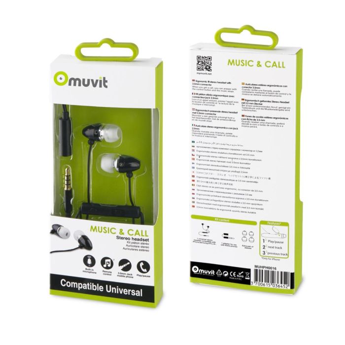 Muvit MUph0016 Auriculares estéreo con micrófono y adaptador Jack 3,5 mm, Negro 1 Muvit MUph0016 Auriculares estéreo con micrófono y adaptador Jack 3,5 mm, Negro 1