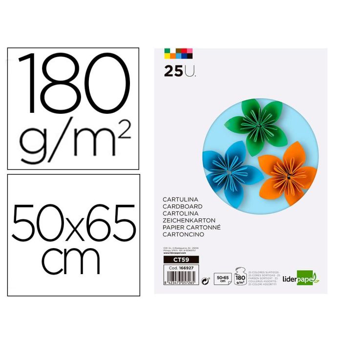 Cartulina Liderpapel 50x65 cm 180 gr-M2 25 Colores Surtidos Paquete De 25 Hojas