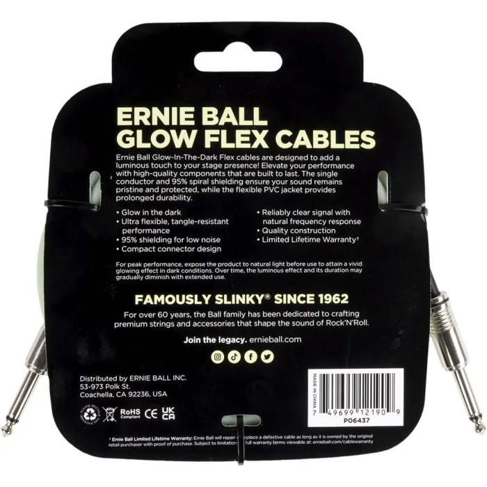 Ernieball Cable Instrumento Flex Jack-Jack Ss 6 M Fosforescente 1